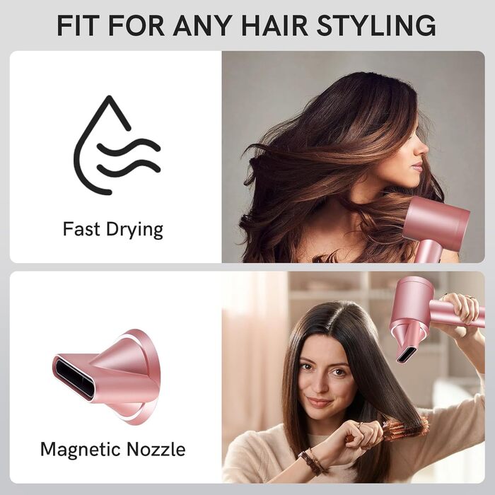 Бездротовий фен з іонізацією, 110 000 обертів/хв, 4 режими заряджання, магнітне сопло, для подорожей, жінок, дітей, активного відпочинку, кемпінгу, пляжу (рожевий)