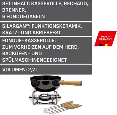 Набір для фондю Silit Käsefondue 9 предметів на 6 осіб, кераміка Silargan, для індукційних плит, посудомийна машина, фондюшниця, решо, пальник, виделки