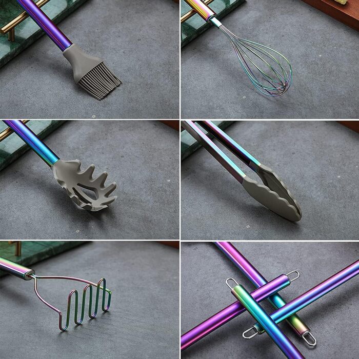 38-кількісний набір кухонного посуду з силікону з підставкою для інструментів, силіконовими насадками та ручками з нержавіючої сталі, кухонні аксесуари, набір посуду (срібний) (3. Regenbogen)