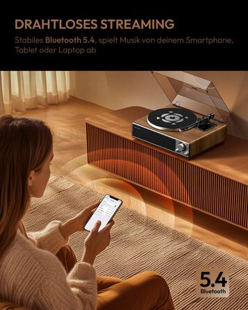 ONE-Q Hi-Fi вініловий програвач з Bluetooth 5.4, вбудованими динаміками, фонокоректором, магнітною голкою AT-3600L, 33/45 об/хв, два режими швидкості