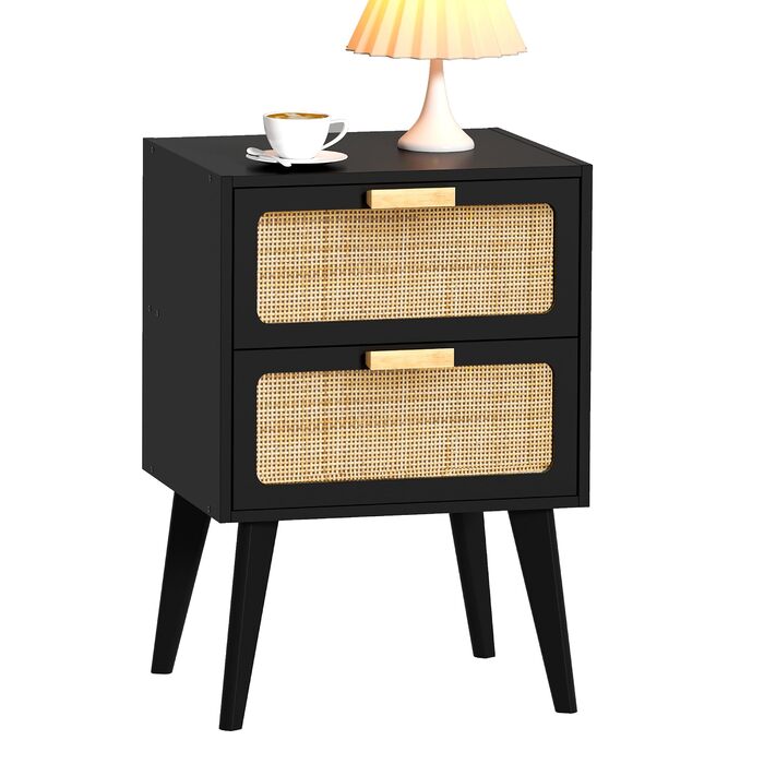 Журнальний столик з ротангу, чорний колір, з 2 висувними ящиками, стиль бохо, для вітальні та спальні