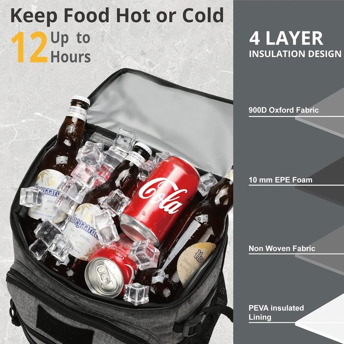 Тактичний рюкзак-холодильник 25L, вологостійкий та міцний, великий ланч-рюкзак, водонепроникний, для чоловіків, жінок, роботи, подорожей, кемпінгу, пляжу та походів (сірий)