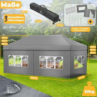 Павільйон KESSER® 6x3м з 6 знімними стінками, для саду, регульована висота, водовідштовхувальний, з сумкою, анкери, Pop-Up система, захист від UV 50+, для вечірок, антрацитовий колір
