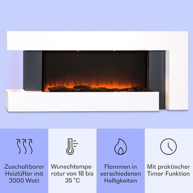 Електрокамін Klarstein Light & Fire 2 Smart з LED-полум'ям, 2000 Вт, настінний, з пультом та таймером, білий, економний, корпус MDF
