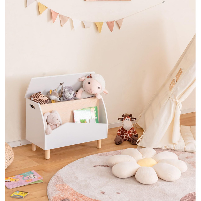 Дитяче книжкове та іграшкове шафка SOARS 2 в 1, білий, 60 x 30 x 44 см. Масивні дерев'яні ніжки, органайзер для іграшок з кришкою та відкритими полицями. Шафа для дитячої кімнати.