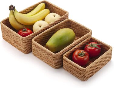 Миски для фруктів з натурального ротанга, плетений кошик для зберігання, штабельовані Тримачі для ключів, полиця для кухонних шаф (3 шт., прямокутної форми)