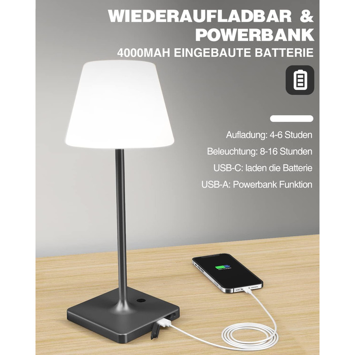 LED настільна лампа Infray з акумулятором, диммування, IP44, для дому та вулиці (чорний)