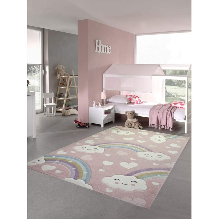 Килим Dream Дитячий килимок Дитячий килимок Веселка з хмарами і сердечками в рожевому кольорі Розмір 160 см Круглий