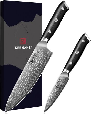 Набір кухонних ножів Keemake з дамаської сталі (3 шт.) - кухонний набір з ергономічною ручкою G10, ніж шеф-кухаря, сатокі та універсальний ніж для кухні