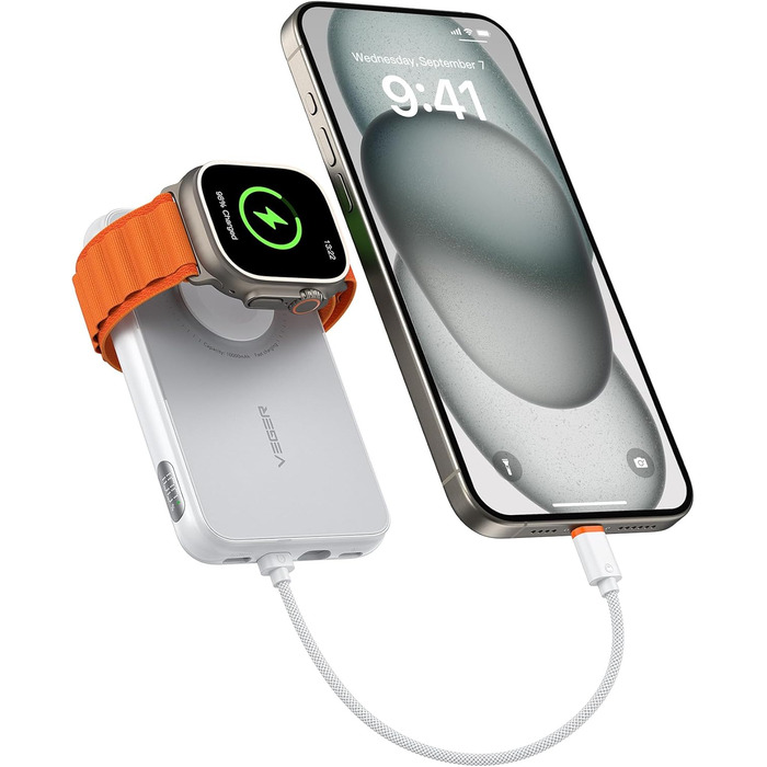 Зарядка, LED дисплей, білий, 20W PD, 10000mAh, USB-C, Apple Watch