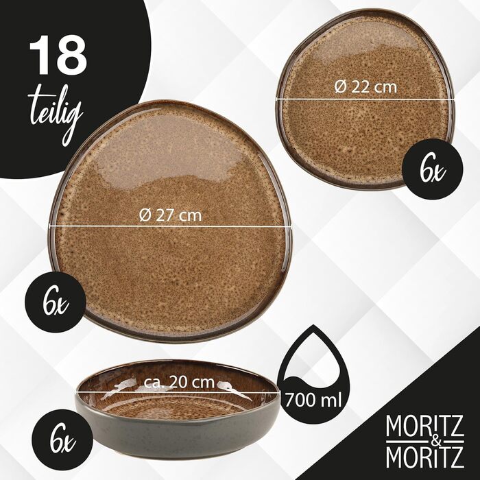 Набір посуду Moritz & Moritz ORGANIC 18 предметів на 6 осіб, бежевий. Елегантний набір тарілок з високоякісної кераміки: 6 великих тарілок, 6 десертних тарілок, 6 супових тарілок.