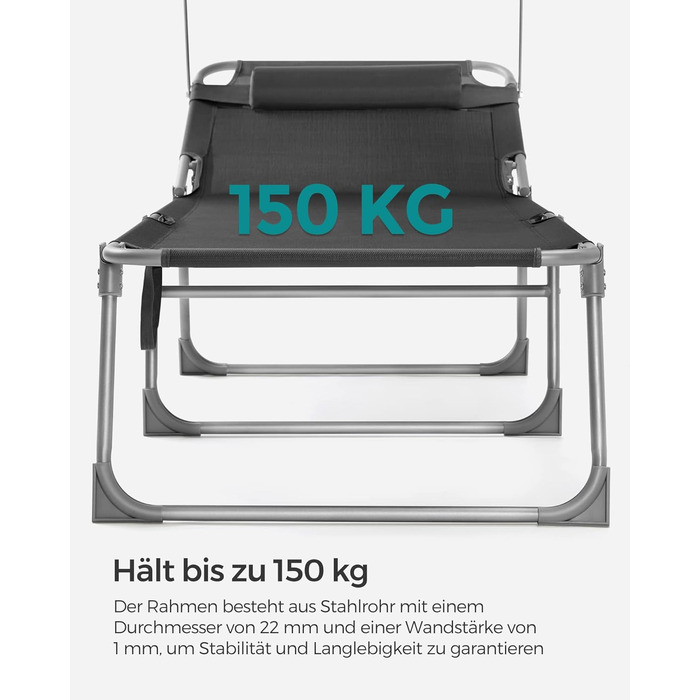 Лежак для відпочинку SONGMICS - великий, складаний, з сонцезахисною козирком та регульованою спинкою, 200 x 71 x 38 см, вантажопідйомність 150 кг, для саду, басейну, тераси, темно-сірий