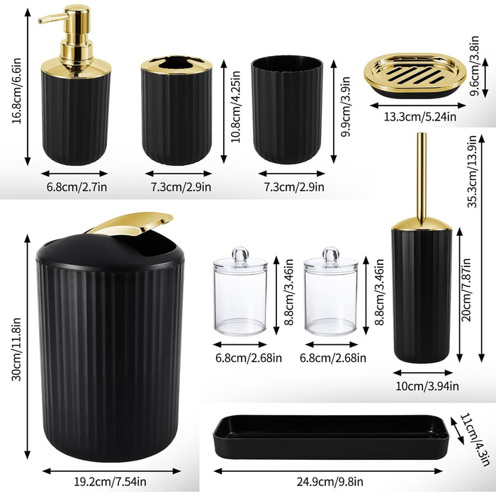 Набір аксесуарів для ванної кімнати 9 шт. Чорний та золотий: відро, органайзер для косметики, дозатор мила, мильниця, тримач для зубних щіток, стаканчик для щіток, WC-щітка, контейнер для ватних паличок