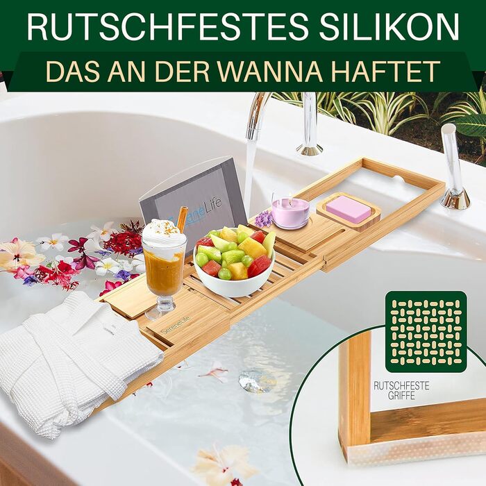 Поличка для ванни SereneLife з бамбука – висувна з подарунковою коробкою, антиковзаюча, для книг, вина, снеків та догляду за собою