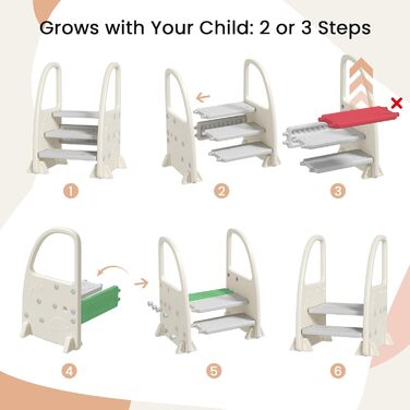 Дитячий табурет Hoopyosms Tritthocker з ручкою, сірий. Безпечний, з 2/3 сходинками для ванної, кухні та туалету