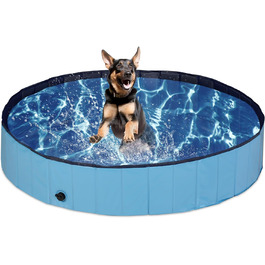 Басейн для собак Relaxdays, В x Г 30 х 160 см, складний, зі зливним клапаном, дитячий басейн для собак для охолодження, ПВХ і МДФ, синій