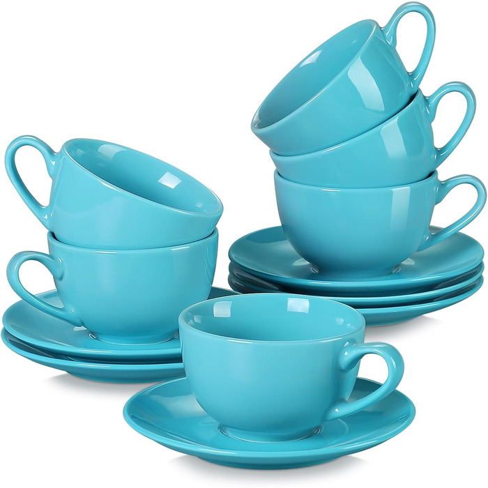 Набір порцелянових кавових чашок LOVECASA, 12 предметів, синя серія, 230 мл, з блюдцями для еспресо та капучино на 6 персон