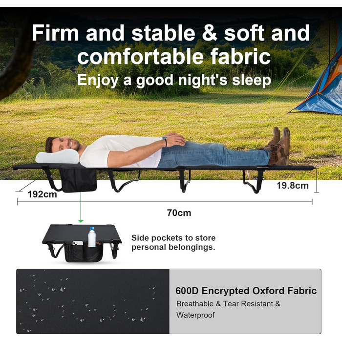 Польове ліжко для кемпінгу Ultraleicht, складане розкладне ліжко для відпочинку на природі та дому, максимальне навантаження 160 кг, чорне