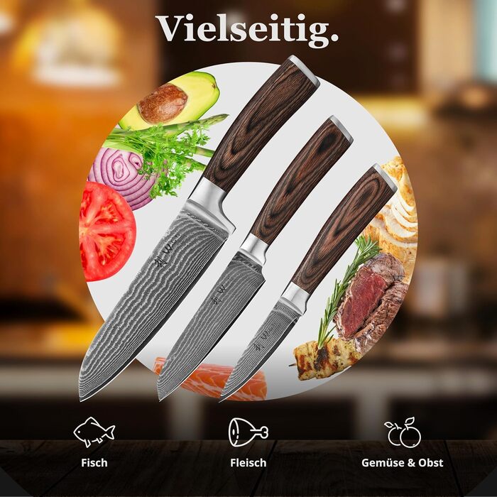 Набір кухонних ножів Wakoli EDIB 3 шт. з дамаської сталі (серцевина VG10) у дерев'яній подарунковій коробці – гострі та ергономічні – набір дамаських ножів з ручками з паккавуда