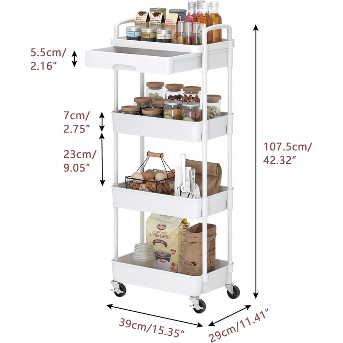 Практичний ручний візок з ящиками та пластиковими полицями, 4-х рівневий, білий, для офісу, кухні, ванної кімнати