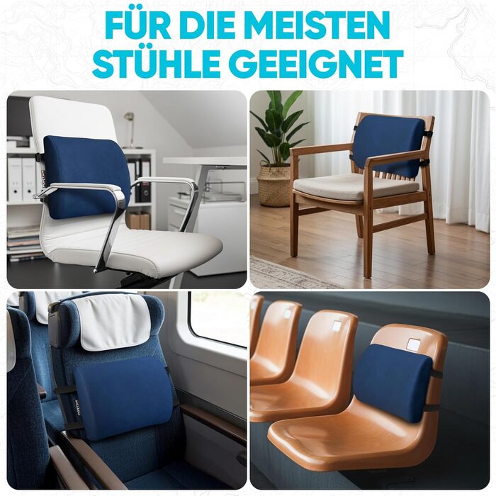 Пояснична подушка FORTEM для авто та офісного стільця, ортопедична підтримка спини з ефектом пам'яті (Memory Foam), дихаючий чохол, синій велюр