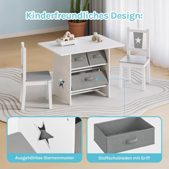 Дитячий набір меблів WOLTU: стіл та 2 стільці з ящиками для зберігання, дерев'яний, сіро-білий
