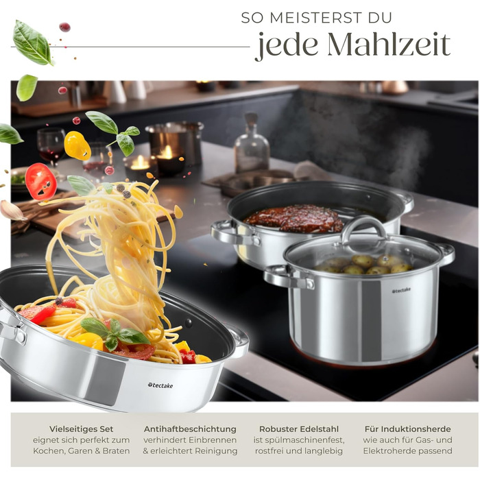 Набір каструль tectake® 15 предметів: каструлі, сковорідки з нержавіючої сталі з кришками, для плити (індукційна, газова, електрична), для кемпінгу та дому