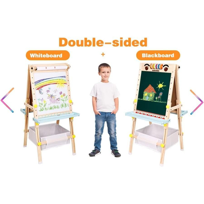 Дитяча мольберт Kinder Tafel з регулюванням висоти, двосторонній, з паперовою рулонною дошкою, літерами та цифрами, аксесуарами для дітей 2-8 років