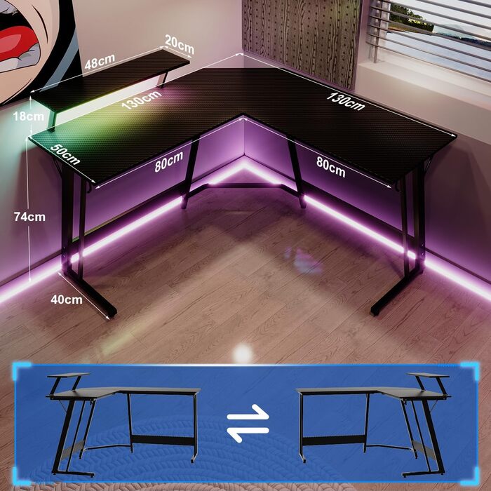 Ігровий кутовий стіл Devoko 130x130 см з LED RGB-підсвічуванням, підставкою для монітора та гачком для навушників, карбоновий білий колір