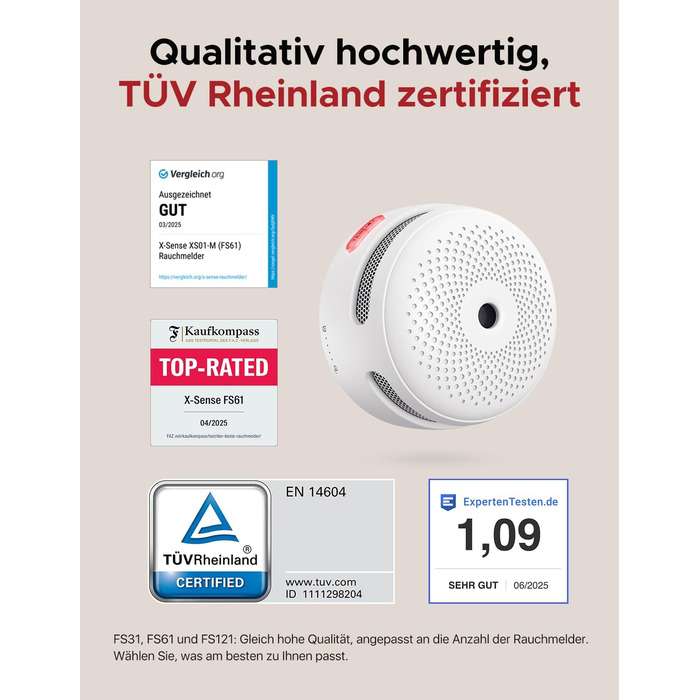 X-Sense комплект димових датчиків з базовою станцією SBS50 (6 шт.), сертифікований EN 14604, Wi-Fi, сумісний з додатком X-Sense Home Security, білий