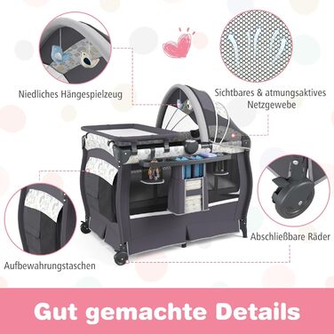 Дитяче туристичне ліжко COSTWAY 5-в-1 з матрацом, функція ліжка-гойдалки, пеленальний столик, музична шкатулка та сумка для перенесення, до 15 кг