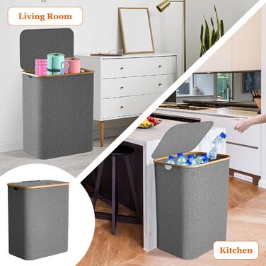 Кошик для білизни з кришкою, вузький, з бамбуковими ручками та внутрішньою кишенею, складаний, портативний, 148л, темно-сірий