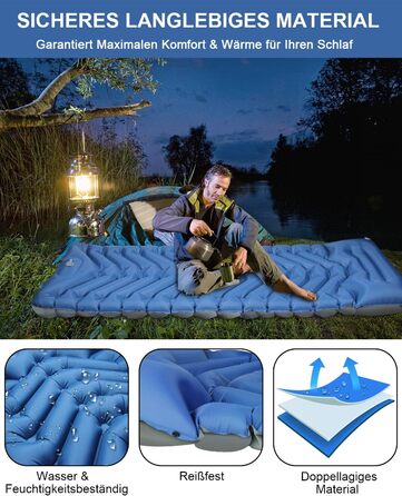 Спальний килимок для кемпінгу самонадувний, надувний надувний матрац Спальний килимок на відкритому повітрі з ножним насосом, надлегкий спальний килимок для кемпінгу, складний килимок для сну з подушкою для синього кольору