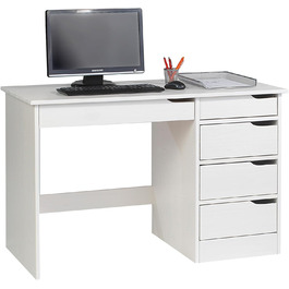 Письмовий стіл IDIMEX Hugo з масиву сосни в красивому студентському столі з 5 висувними ящиками, практичний офісний стіл з поперечиною для стійкості (Білий)