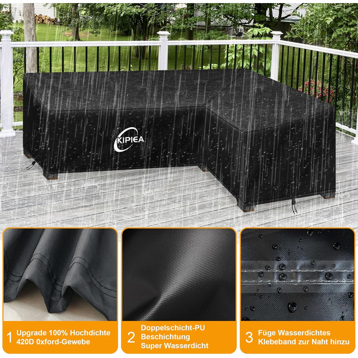 Водонепроникний чохол для сауви L-подібної форми Kipiea, 420D, для саду, захист від вітру, 250x250x85x78 см / 250x200x85x78 см