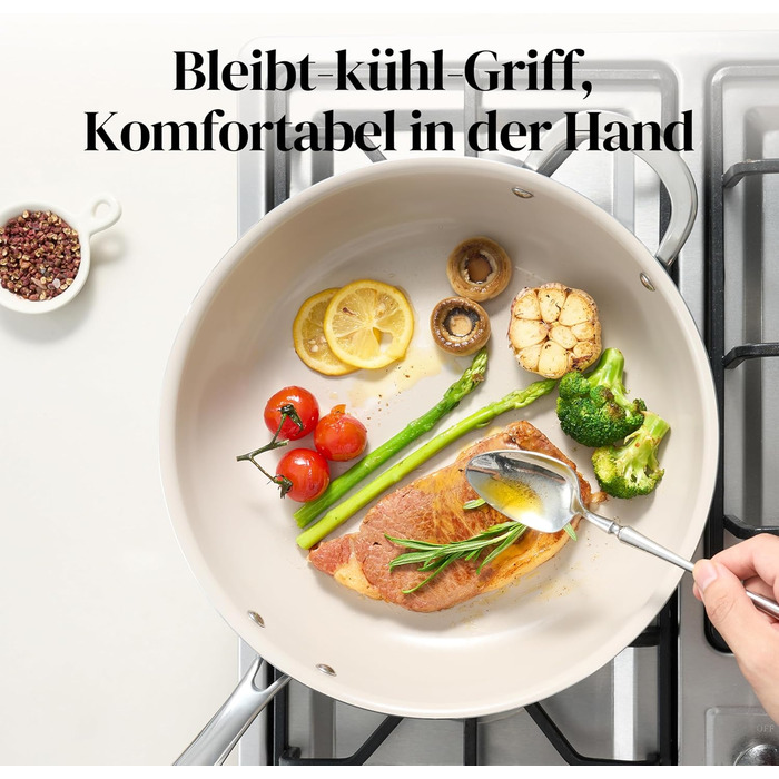 Сковорода Redchef 28 см з кришкою, антипригарне покриття, керамічна сковорода для індукції, з нержавіючою ручкою, без PTFE, PFOA, PFAS, для духовки, придатна для миття в посудомийній машині (Блакитна)