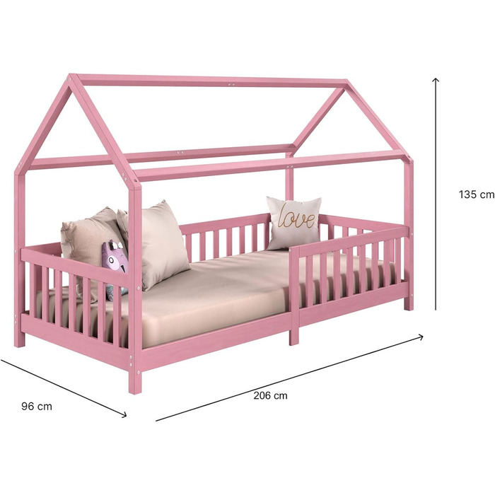 Ліжко для дому IDIMEX NINA з масиву сосни в рожевому кольорі, красиве ліжко Монтессорі 90 х 200, симпатичне індійське ліжко з дахом