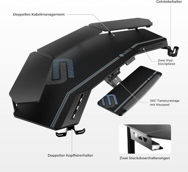 Ергономічний стіл EUREKA з регулюванням висоти 182x76 см. Стіл-пюпітр, геймінговий стіл з підсвічуванням, електричний, з підсвічуванням для монітора та підставкою для клавіатури, карбон, чорний