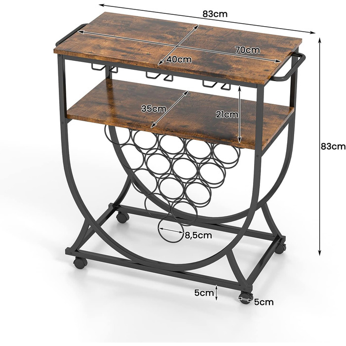 Візок для бару COSTWAY на колесах, 2 полиці, тримач для склянок, 15 тримачів для пляшок, винна стійка промислового дизайну, 83x40x83 см