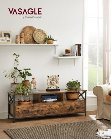 Тумба під телевізор VASAGLE до 80 дюймів, лофт, 3 шухляди, 3 полиці, вітальня, сталевий каркас, коричнево-чорний LTV302B01