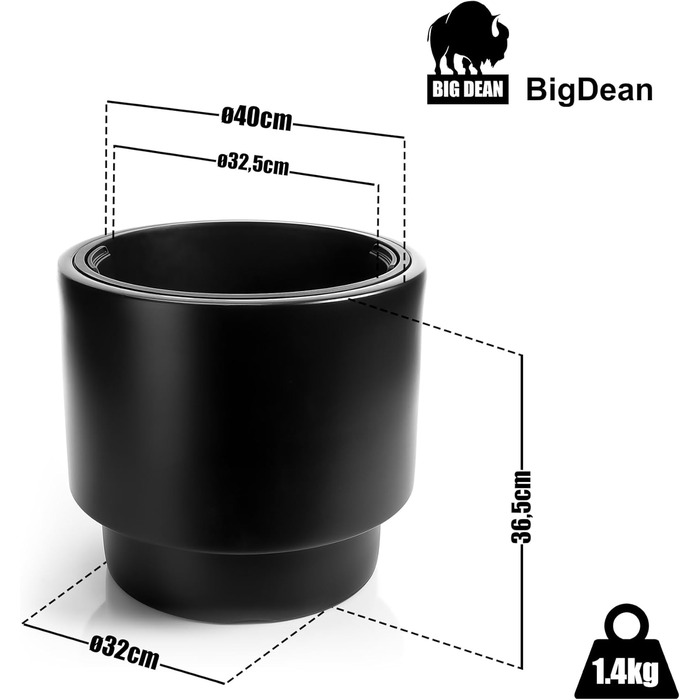 Квітчанка BigDean: стильний горщик з підставкою, діаметр 40 см, чорний, міцний пластик, Made in Europe