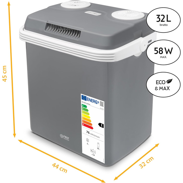 Електричний охолоджувач TZS First Austria 32 літри Підключення 12 вольт і 230 вольт з вилкою 12 В для автомобіля для кемпінгу, фестивалів і подорожей з функцією охолодження та збереження тепла чорний (32 л Сірий)