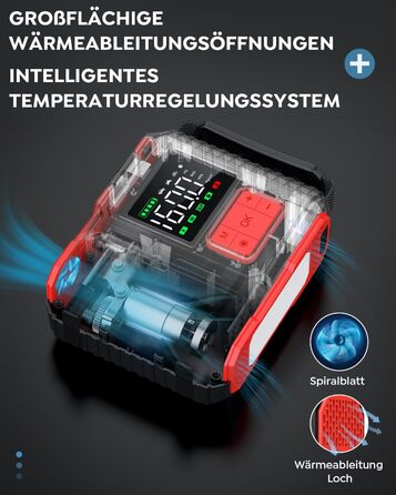 Портативний пусковий пристрій BRPOM з компресором та LED-ліхтарем, 26800mAh, 160PSI, сумісний з бензиновими та дизельними двигунами (до 12.0L)