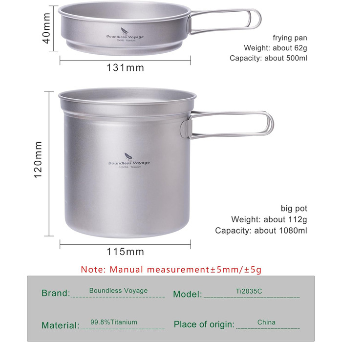 Набір посуду для кемпінгу Boundless Voyage з титанових казанів та сковород, для пікніків та відпочинку на природі (Ti1586B)