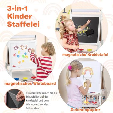 Дитяча мольберт DREAMADE 3 в 1 з магнітною дошкою, крейдою та рулоном паперу, для малювання та творчості, від 3 років (білий)
