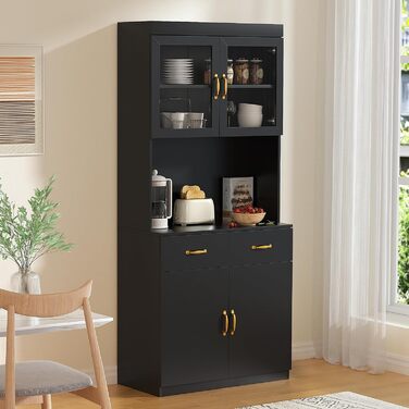 Кухонна шафа VOWNER з робочою поверхнею, буфет на кухню з 4 шафами, вітрина, буфет з регульованими полицями, 80 x 40 x 180 см, для кухні, вітальні, офісу, їдальні (білий) (чорний)