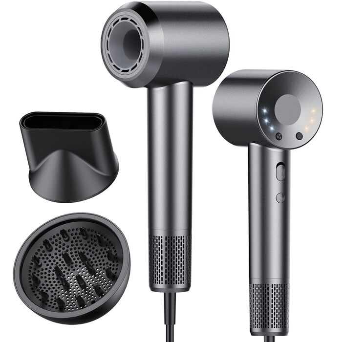 Високошвидкісний іонний фен для волосся 2025, 160 000 об/хв, з дифузором та контролем температури, низький рівень шуму 57дБ