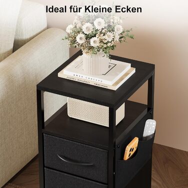 Нічний столик з підзарядкою та LED, приліжний столик з 3 висувними ящиками з тканини, нічний столик з полицею, відкрите відділення, 2 розетки AC, USB та Typ C порти, для спальні, вітальні, офісу (25x30x60 см, Чорний, 2)