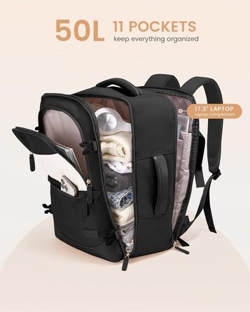 LOVEVOOK Рюкзак для ручної поклажі 40L, для подорожей, з відділенням для мокрого та сухого, для ноутбука, 45x36x20 см (Чорний)