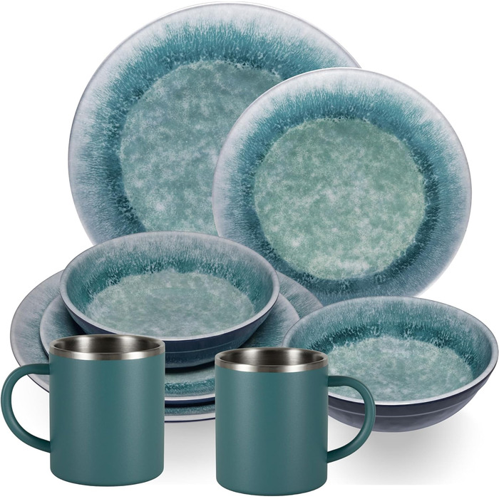 Набір посуду Melamin Adria Blue (2 особи) з нержавіючими термокружками - посуд для кемпінгу, відпочинку на природі, фестивалів